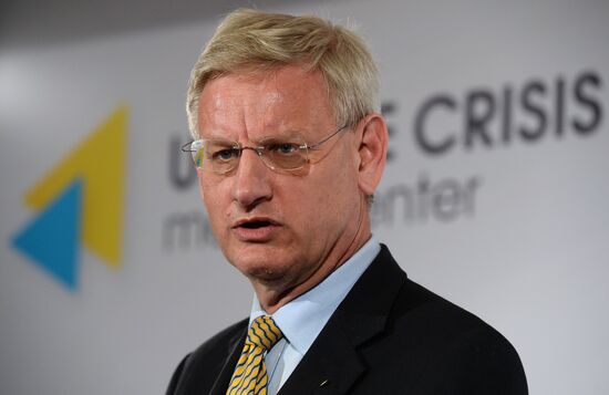 Swedish Foreign Minister Carl Bildt holds briefing in Kiev