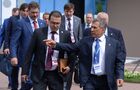 Tatarstan's President Rustam Minnikhanov, right, before the panel session "The Potential of the Russian Innovation Platform as a Growth Engine," held during the St. Petersburg International Economic Forum. Location: Russia, . Author: Alexey Filippov/Sputnik. The St. Petersburg International Economic Forum. Day One