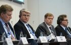 Former Finnish Prime Minister (1001-1005) and currently Executive Chairman of the Board of the East Office of Finnish Industries Esko Aho, Chairman of the SRV Group Board Ilpo Kokkila, VR Group (Finnish Railways) President Mikael Aro and Fortum Corporation President and CEO Tapio Kuula (from left to right) at the panel discussion "Expanding integrated logistics to drive the next stage in Finnish-Russian economic development" at the 18th St. Petersburg International Economic Forum. Location: Russia, St. Petersburg. Author: Vladimir Astapkovich/Sputnik. The St. Petersburg International Economic Forum. Day One
