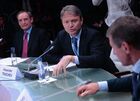 From left: Jean-Claude Killy, IOC coordinator for the 2014 Sochi Olympics; Governor of the Krasnodar Region Alexander Tkachev, and Russian Deputy Prime Minister Dmitry Kozak during a teledebate "The Olympic Legacy: Lessons and Opportunities for the 2018 World Cup" at the St. Petersburg International Economic Forum. Location: Russia, . Author: Alexey Filippov/Sputnik. The St. Petersburg International Economic Forum. Day One
