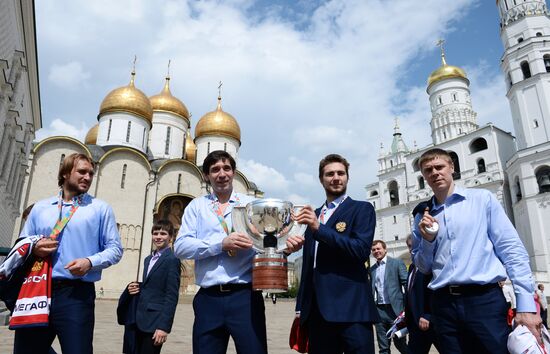 Celebrating Russia's ice hockey victory in Moscow