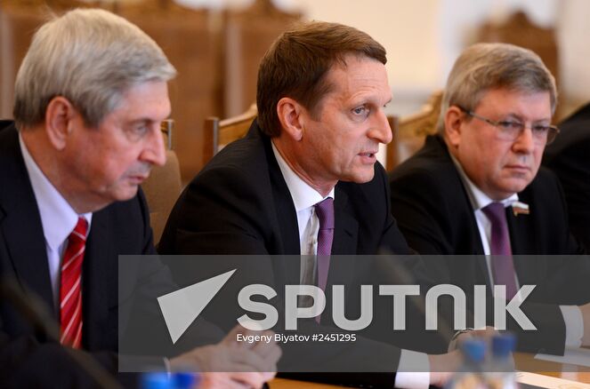 From left: First Deputy Speaker of the Russian State Duma Ivan Melnikov, Speaker of the State Duma Sergei Naryshkin, and Deputy Chairperson of the Federation Council Alexander Torshin at the session of the Parliamentary Assembly of the Union of Belarus and Russia in Brest. Location: Belarus, Brest. Author: Evgeny Biyatov/Sputnik. Sergei Naryshkin makes a working visit to Belarus