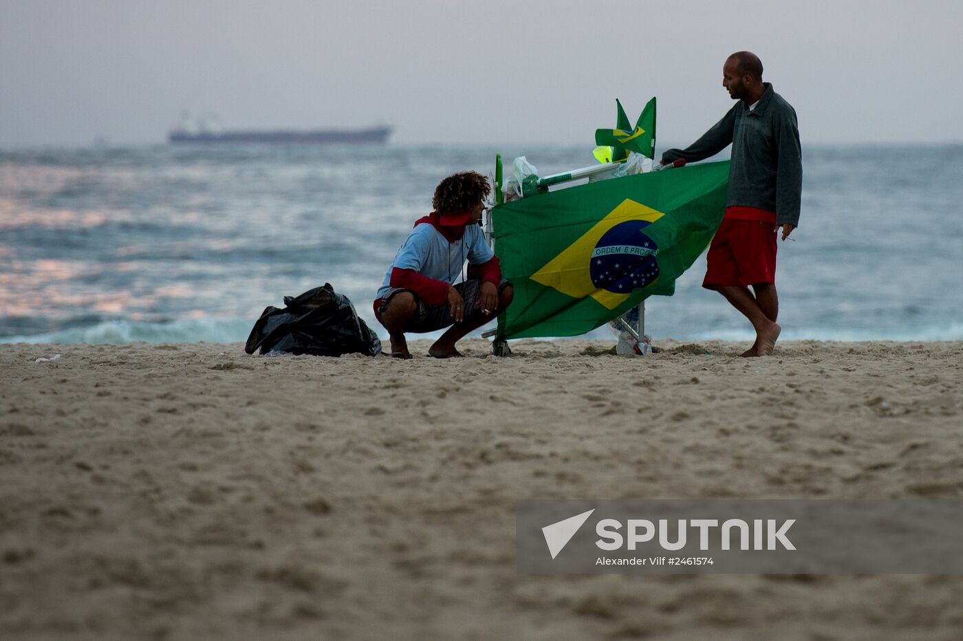Broadcast of match for 3rd place in World Cup 2014 on Copacabana Beach in Rio de Janeiro