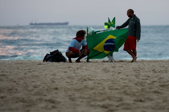 Broadcast of match for 3rd place in World Cup 2014 on Copacabana Beach in Rio de Janeiro