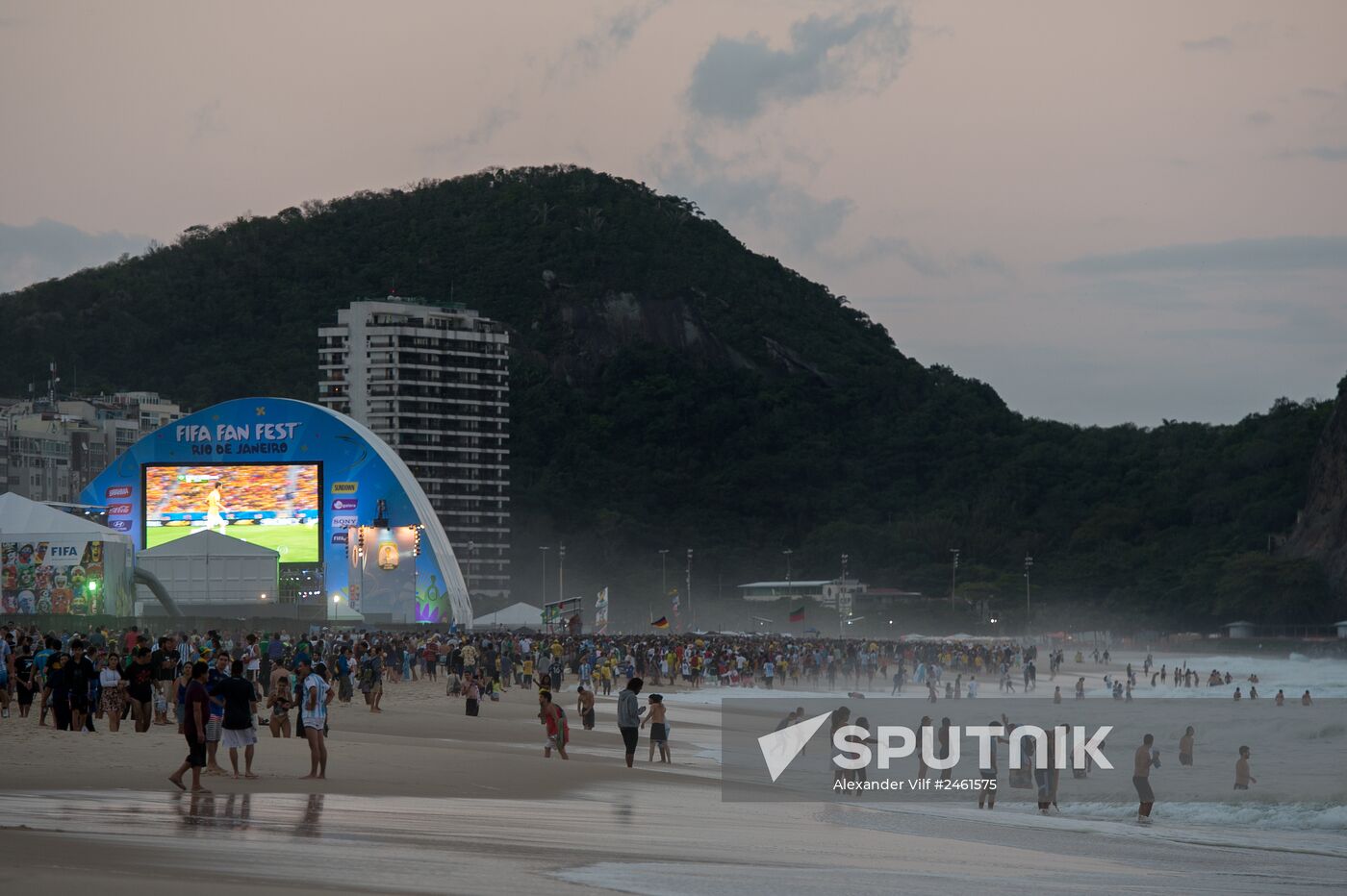Broadcast of match for 3rd place in World Cup 2014 on Copacabana Beach in Rio de Janeiro
