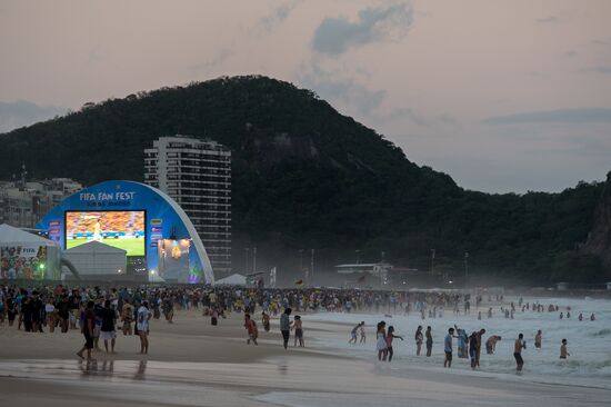 Broadcast of match for 3rd place in World Cup 2014 on Copacabana Beach in Rio de Janeiro