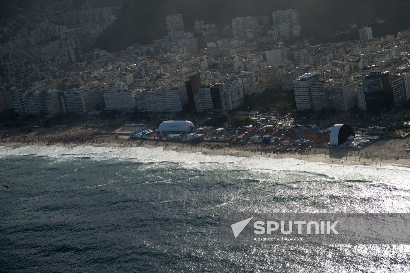 Broadcast of match for 3rd place in World Cup 2014 on Copacabana Beach in Rio de Janeiro