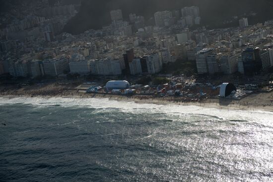 Broadcast of match for 3rd place in World Cup 2014 on Copacabana Beach in Rio de Janeiro