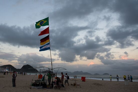 Broadcast of match for 3rd place in World Cup 2014 on Copacabana Beach in Rio de Janeiro