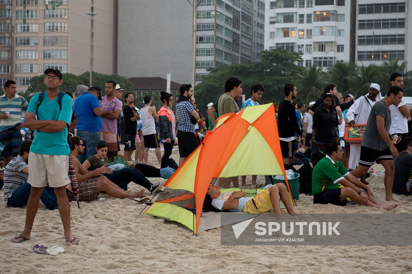 Broadcast of match for 3rd place in World Cup 2014 on Copacabana Beach in Rio de Janeiro