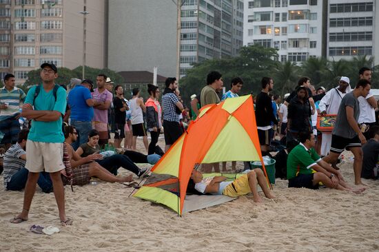 Broadcast of match for 3rd place in World Cup 2014 on Copacabana Beach in Rio de Janeiro