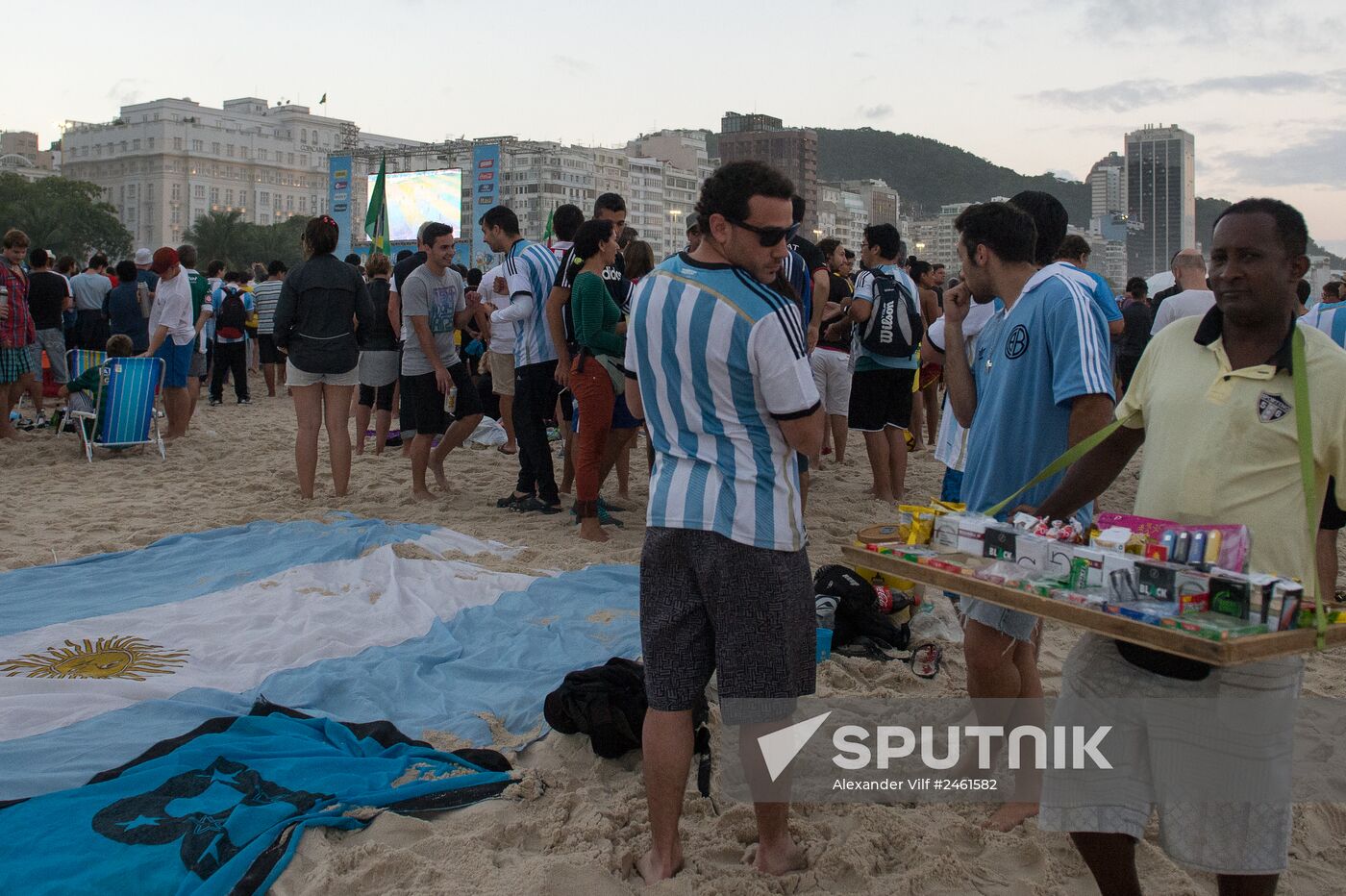Broadcast of match for 3rd place in World Cup 2014 on Copacabana Beach in Rio de Janeiro