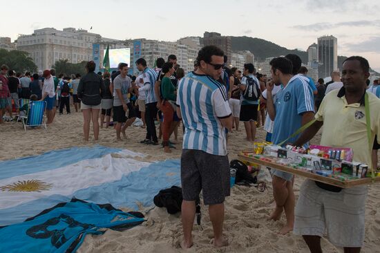 Broadcast of match for 3rd place in World Cup 2014 on Copacabana Beach in Rio de Janeiro