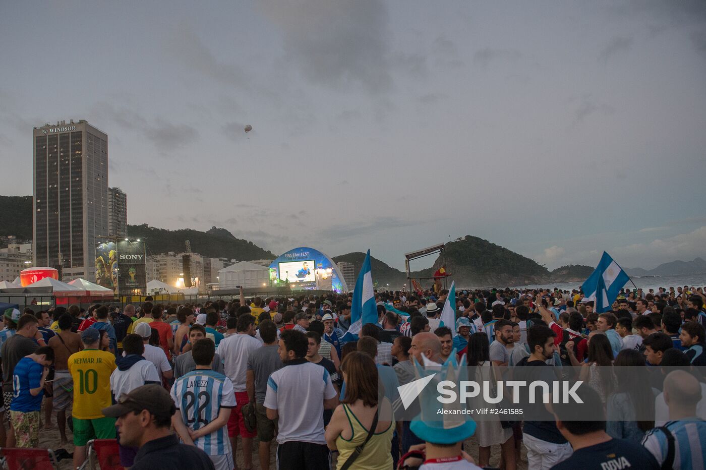 Broadcast of match for 3rd place in World Cup 2014 on Copacabana Beach in Rio de Janeiro