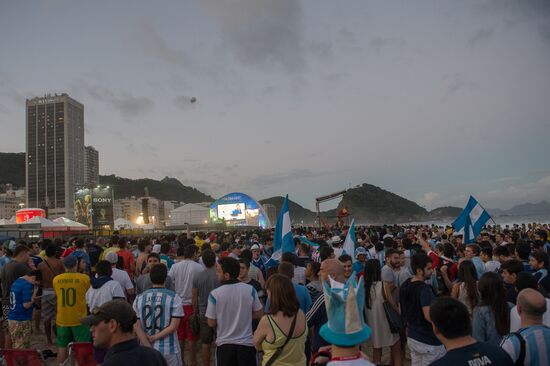 Broadcast of match for 3rd place in World Cup 2014 on Copacabana Beach in Rio de Janeiro