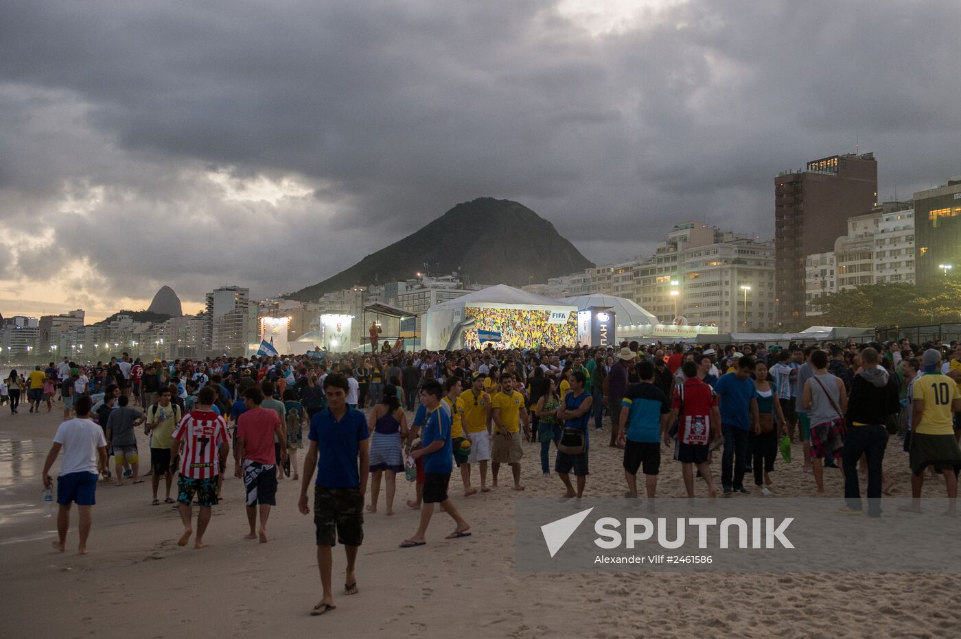 Broadcast of match for 3rd place in World Cup 2014 on Copacabana Beach in Rio de Janeiro