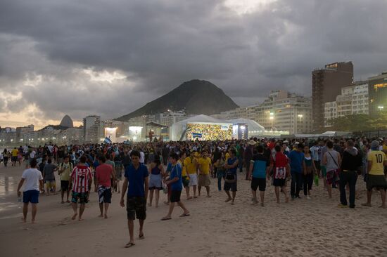 Broadcast of match for 3rd place in World Cup 2014 on Copacabana Beach in Rio de Janeiro