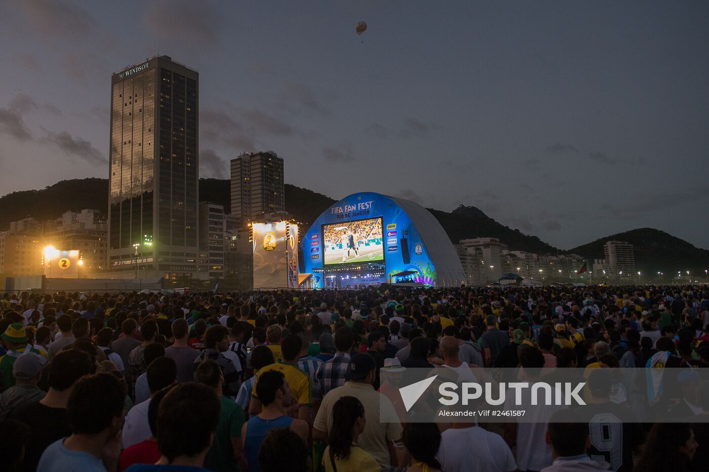 Broadcast of match for 3rd place in World Cup 2014 on Copacabana Beach in Rio de Janeiro