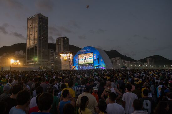 Broadcast of match for 3rd place in World Cup 2014 on Copacabana Beach in Rio de Janeiro