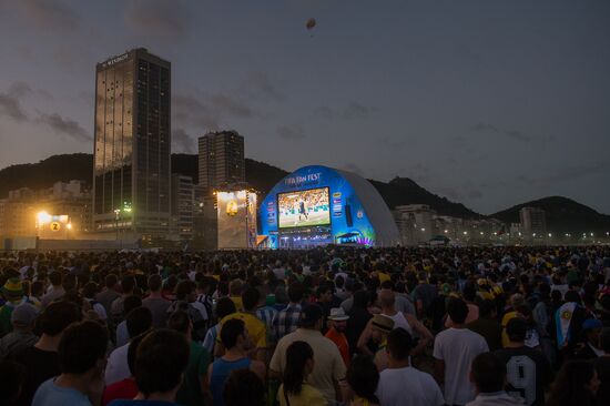 Broadcast of match for 3rd place in World Cup 2014 on Copacabana Beach in Rio de Janeiro