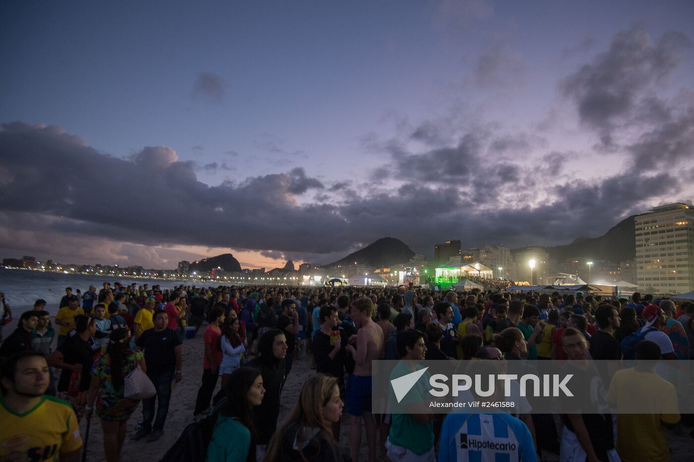 Broadcast of match for 3rd place in World Cup 2014 on Copacabana Beach in Rio de Janeiro