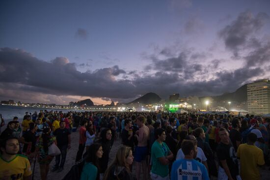 Broadcast of match for 3rd place in World Cup 2014 on Copacabana Beach in Rio de Janeiro