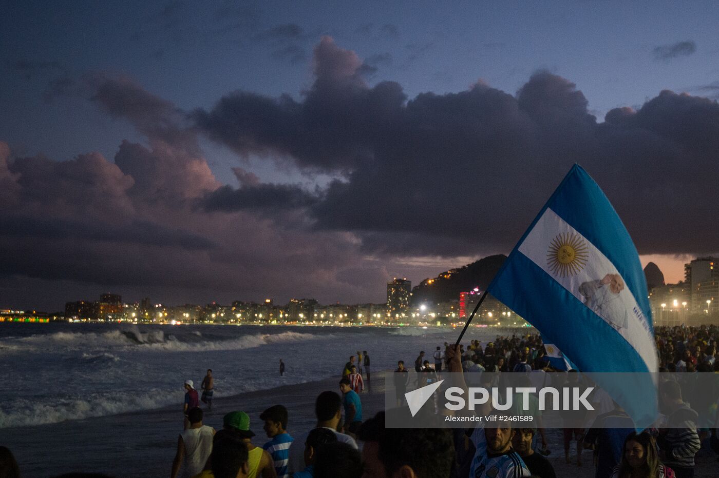 Broadcast of match for 3rd place in World Cup 2014 on Copacabana Beach in Rio de Janeiro