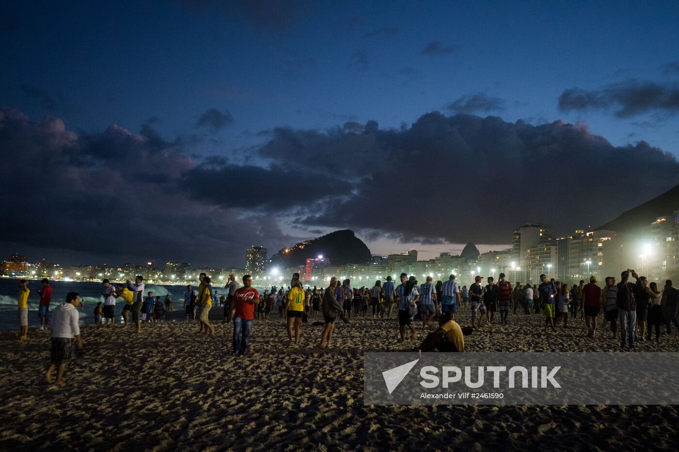 Broadcast of match for 3rd place in World Cup 2014 on Copacabana Beach in Rio de Janeiro