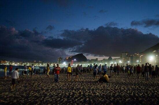Broadcast of match for 3rd place in World Cup 2014 on Copacabana Beach in Rio de Janeiro