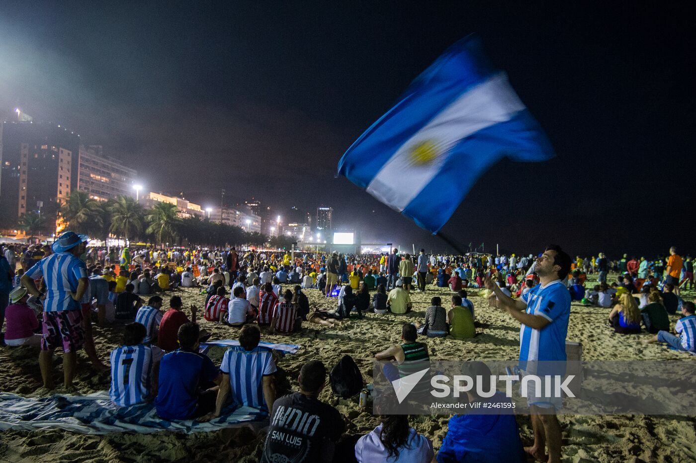 Broadcast of match for 3rd place in World Cup 2014 on Copacabana Beach in Rio de Janeiro