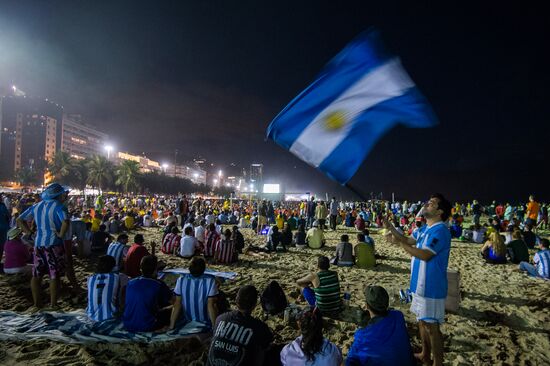 Broadcast of match for 3rd place in World Cup 2014 on Copacabana Beach in Rio de Janeiro