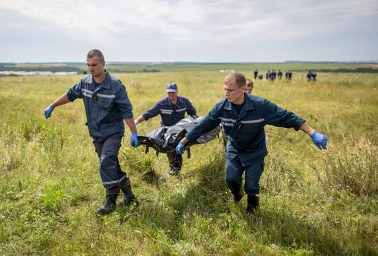 Collecting bodies on Malaysian Boeing 777 crash site near Shakhtyorsk