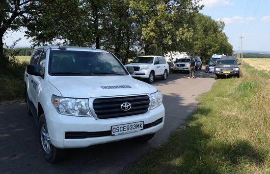 Experts and OSCE representatives work at MH17 crash site