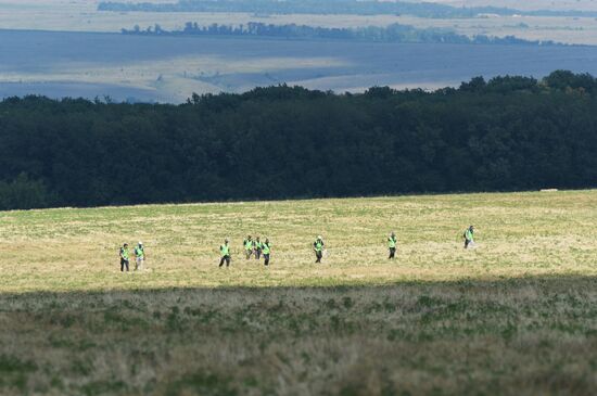 Experts and OSCE representatives work at Boeing crash site