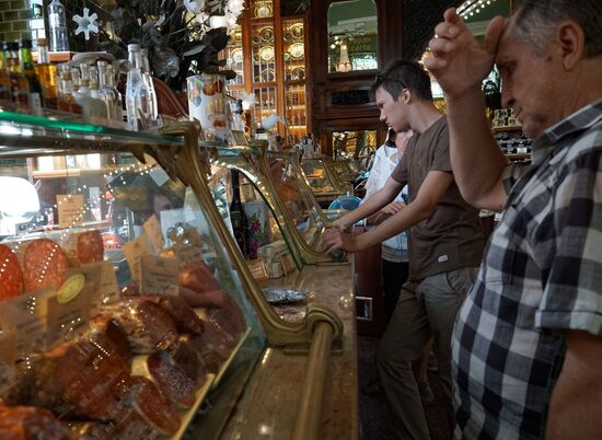 Imported cheeses and meat sold at Yeliseyevsky store in St Petersburg
