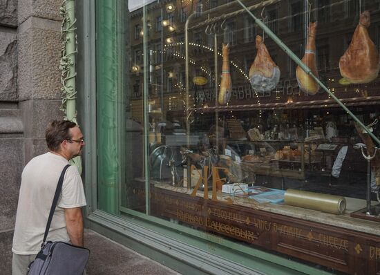 Imported cheeses and meat sold at Yeliseyevsky store in St Petersburg