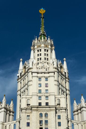 Unknown people paint Stalinist building spire colors of Ukraine
