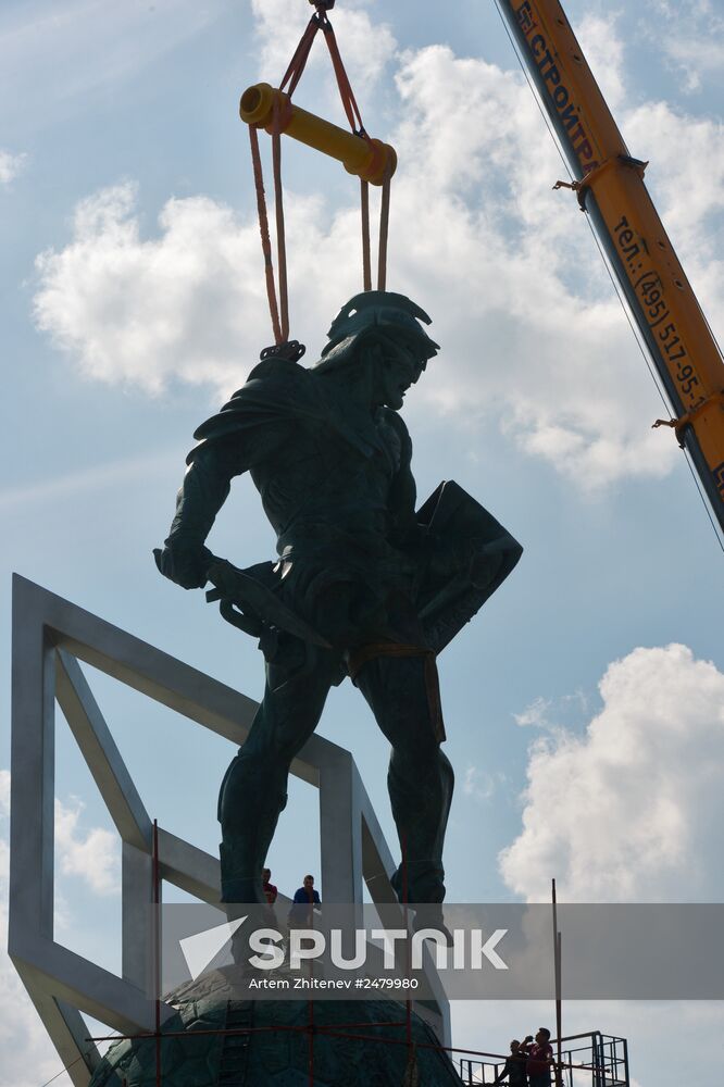 Installing Gladiator sculpture at the northern stands of Spartak stadium
