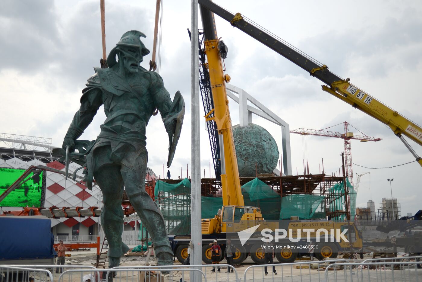 Installing Gladiator sculpture in the northern stands of Spartak stadium