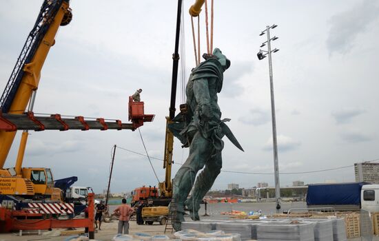 Installing Gladiator sculpture in the northern stands of Spartak stadium