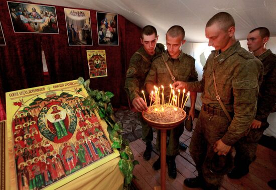 Consecrating makeshift church at fire-range of Sergeuevsky Training Center, Primorye Territory