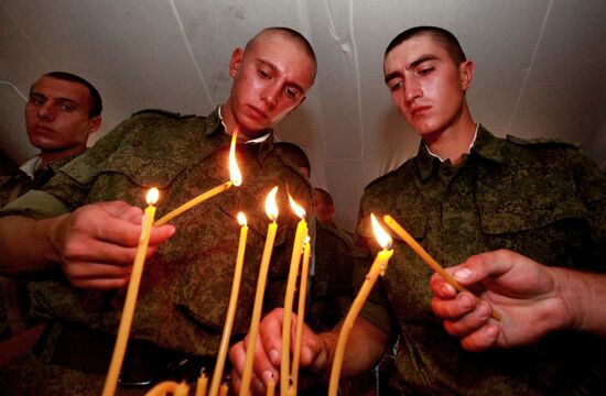 Consecrating makeshift church at fire-range of Sergeuevsky Training Center, Primorye Territory