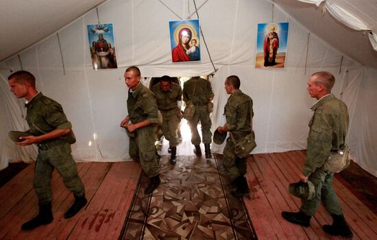 Consecrating makeshift church at fire-range of Sergeuevsky Training Center, Primorye Territory