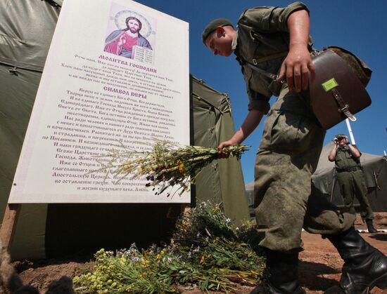 Consecrating makeshift church at fire-range of Sergeuevsky Training Center, Primorye Territory