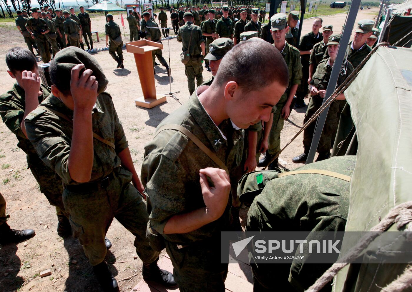 Consecrating makeshift church at fire-range of Sergeuevsky Training Center, Primorye Territory
