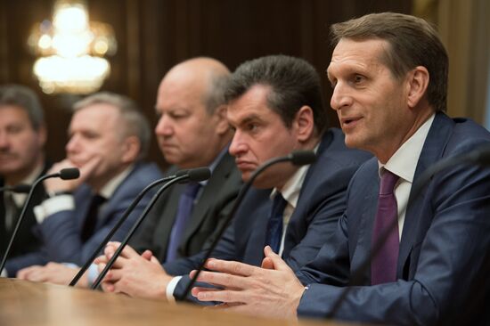 Russian State Duma Speaker Sergei Naryshkin meets with Ukraine's Verkhovna Rada deputies