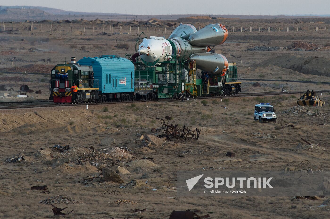 The Soyuz TMA-14M spacecraft approaches the launch pad