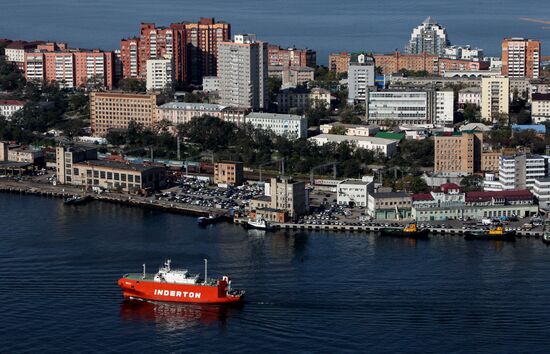 Vladivostok and Zolotoi Rog Bay as seen from pylon of cable-stayed bridge