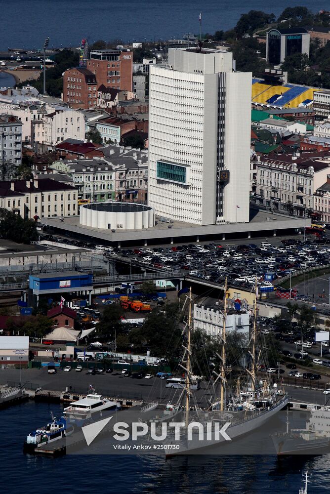 Vladivostok and Zolotoi Rog Bay as seen from pylon of cable-stayed bridge
