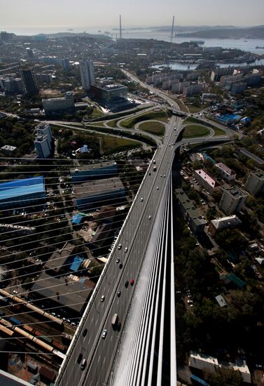 Vladivostok and Zolotoi Rog Bay as seen from pylon of cable-stayed bridge
